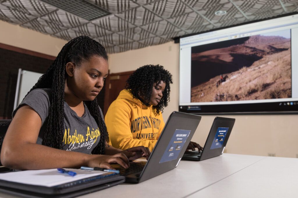 Two students working on Cline Library computers in a study room. 