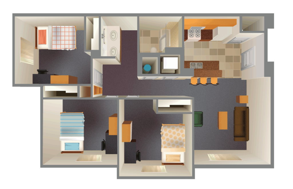 3D rendering of a 3students, 3-bed, 1-bath apartment including a kitchen in McKay Village.