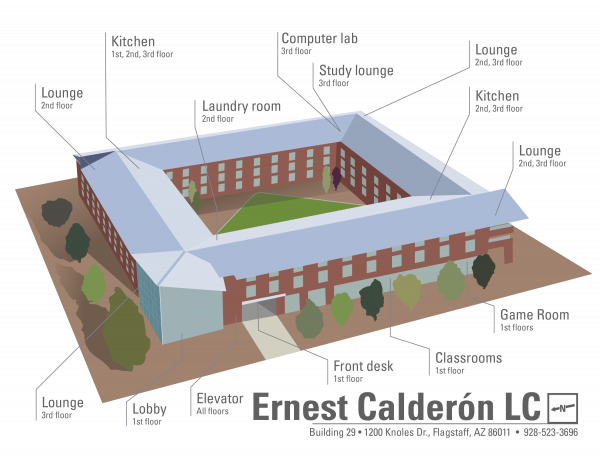 3D view of Calderon showing the building amenities including lounges, kitchen, laundry room, computer lab, game room, classrooms, front desk, and elevator.