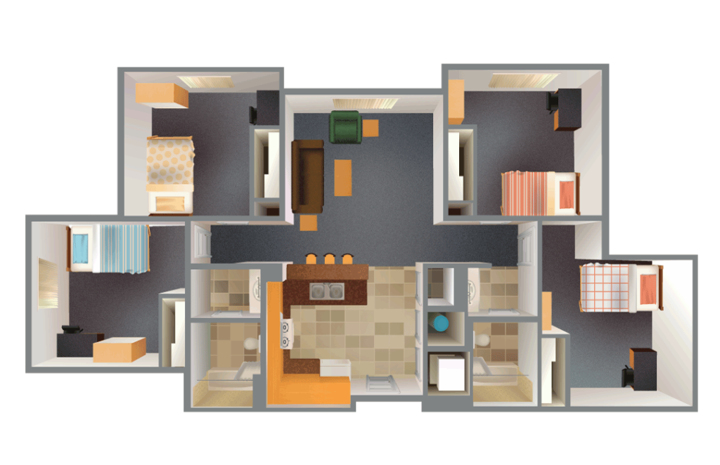 3D rendering of a 4 students, 4-bed, 2-bath apartment including a kitchen in McKay Village.