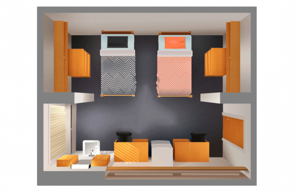 Interior view of a McConnell Hall room at NAU, showcasing two beds and a connected bathroom in a 3D rendering.