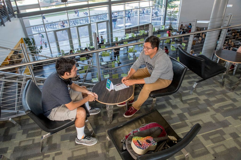 Two students meet at the University Union.