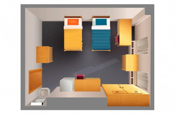 Top down view of a residence hall room in Taylor Hall.
