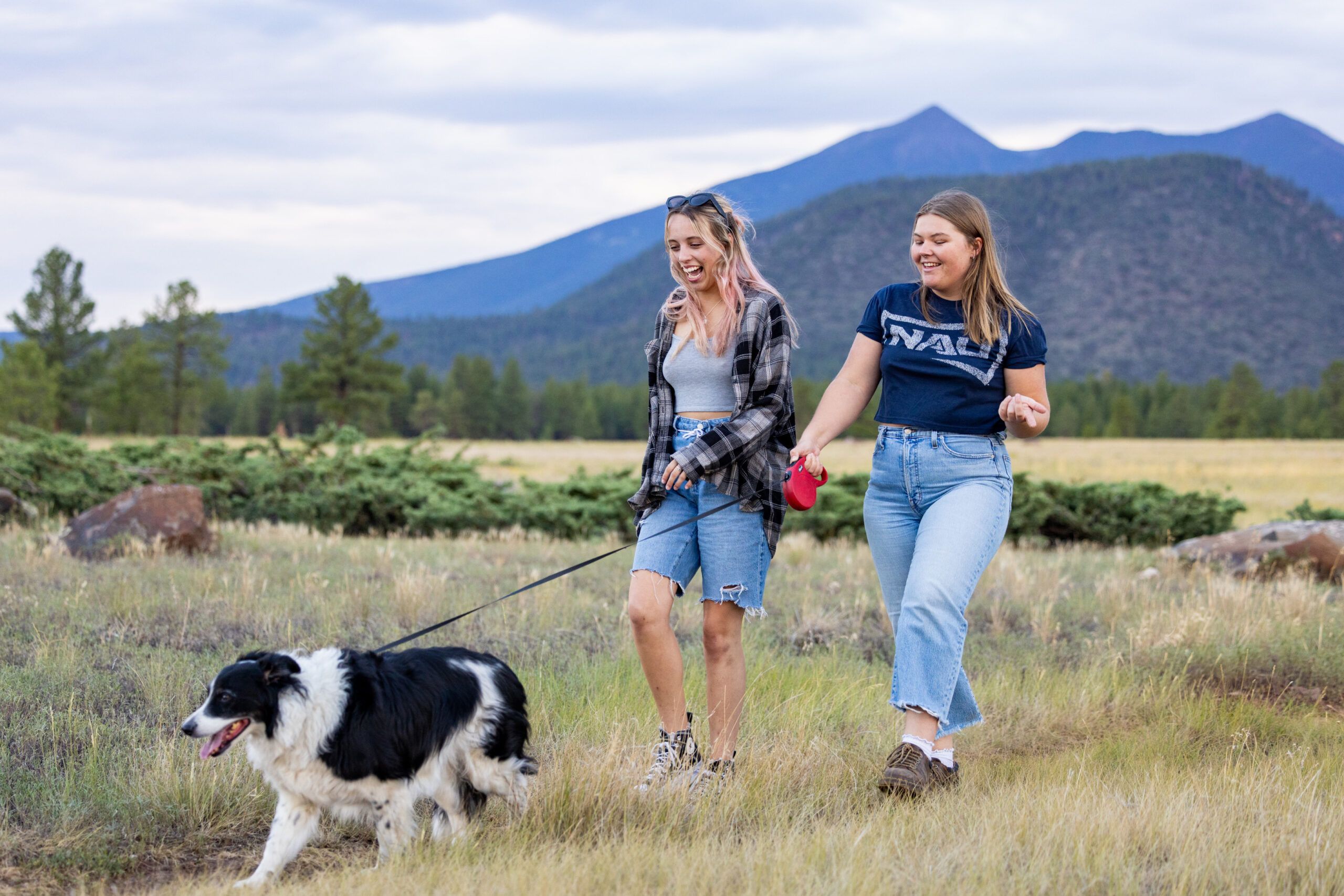 Two students and their dog walk the Buffalo Park loop.