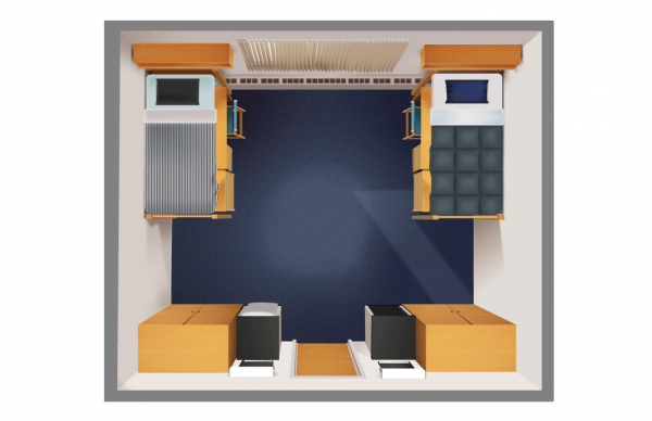 3D top view floor plan of a room in Cowden hall showing beds, desks, and storage.