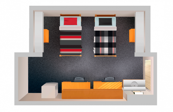Top down view of a residence hall room in Reilly Hall.