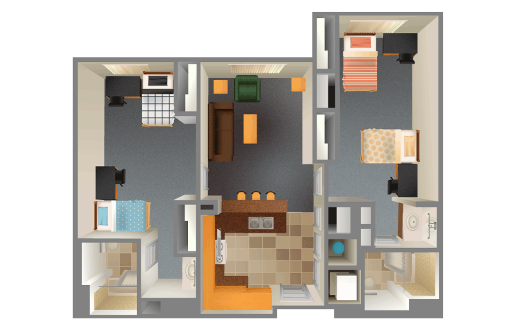 3D rendering of a 4 students, 2-bed, 2-bath apartment including a kitchen in McKay Village.