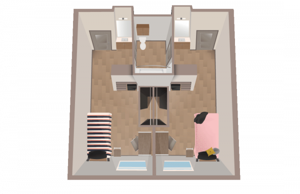 Rendering of a single room layout in the Honors College made for two student including bedrooms and bathroom.