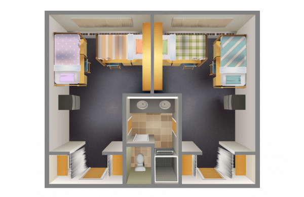 The Gabaldon Hall room layout, featuring a showers, a jack-and-jill bathroom, desks, and living spaces.