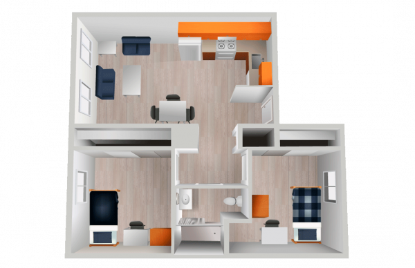 Bedroom apartment in South Village. The layout includes two twin beds, a shared living space with a sectional couch, a kitchen with appliances, a dining area, and a bathroom.