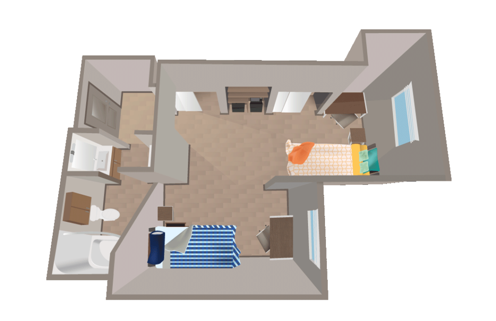 3D rendering of a traditional double room in the Honors College including beds and bathroom.