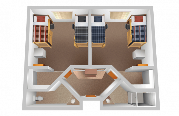 A 3D rendered image of a suite layout of a two-bedroom suite. Each room includes two beds, Personal dresser with four drawers, built-in closet for each student, desk with chair and storage space, individual bookshelf per resident.
