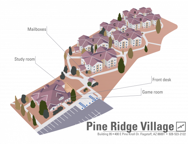 3D rendering of the buildings at Pine Ridge Village showing the complex amenities including mailboxes, study room, front desk, and game room.