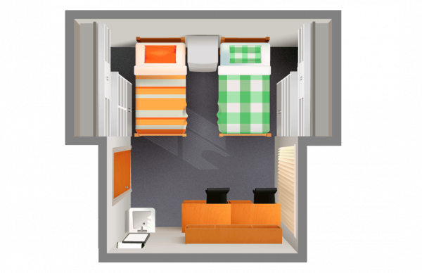 Top down view of a residence hall room in Sechrist Hall.