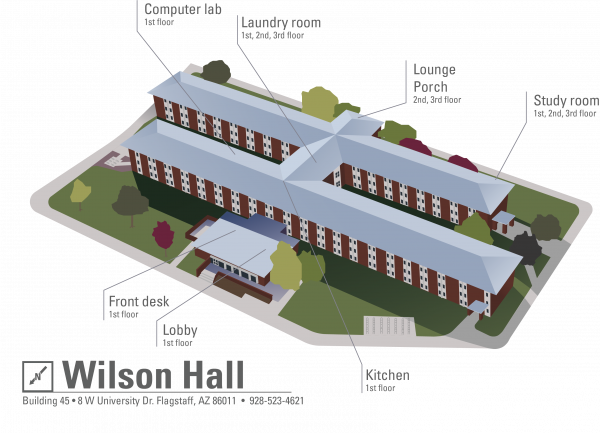 3D view of the exterior of Wilson Hall, showcasing all of the building’s amenities - featuring the front desk, lobby, kitchen, study room, lounge porch, laundry room, computer lab.