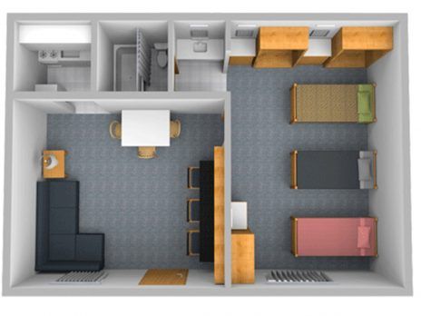 3D rendering of the Raymond hall triple room.