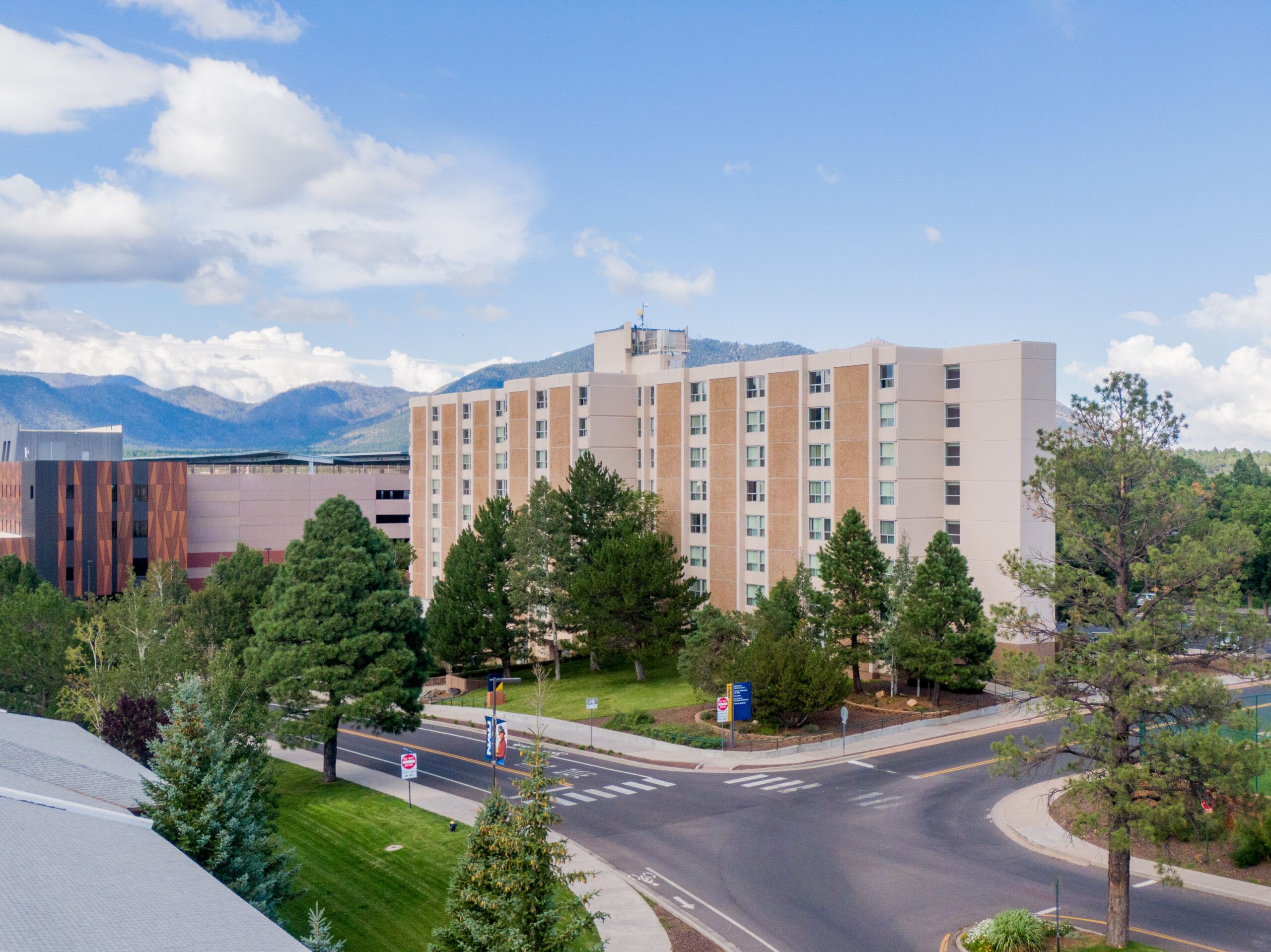 The exterior of Sechrist Hall, a residential hall, on NAU Flagstaff campus.