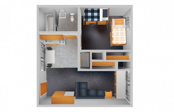 Top view 3D rendering of a Gillenwater one bedroom apartment for two students includes bedroom, kitchen, bathroom, and living area.