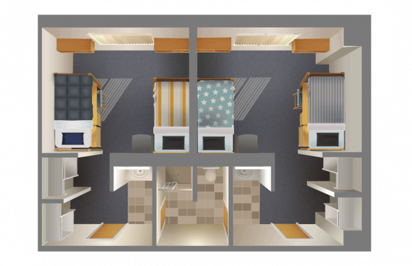 3D top view of a Calderon suite style room with two bedrooms and a bathroom.