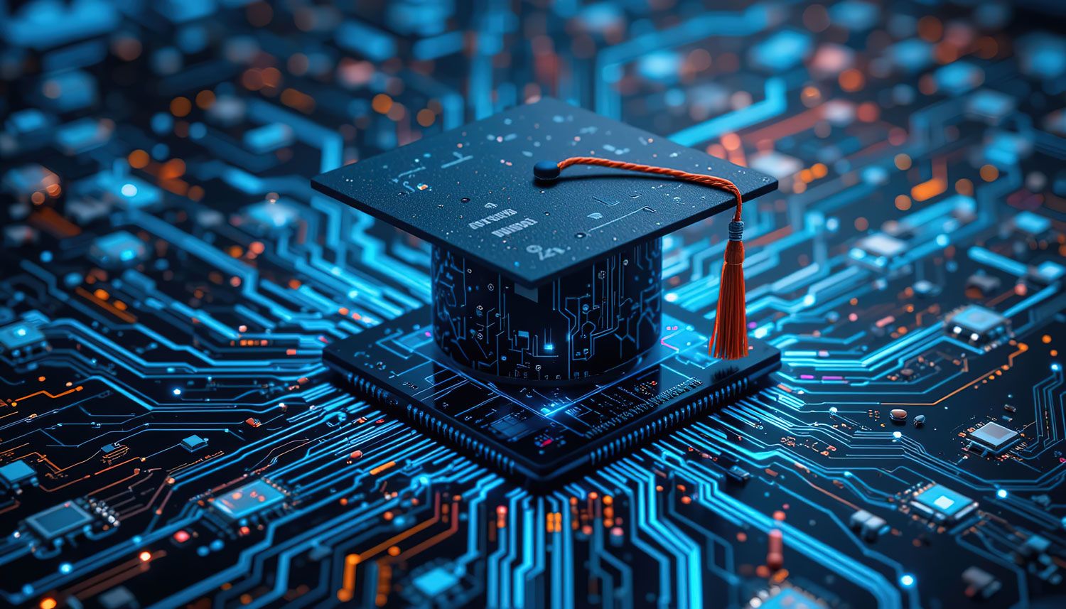 AI-generated image of a computer chip in the shape of a graduation cap