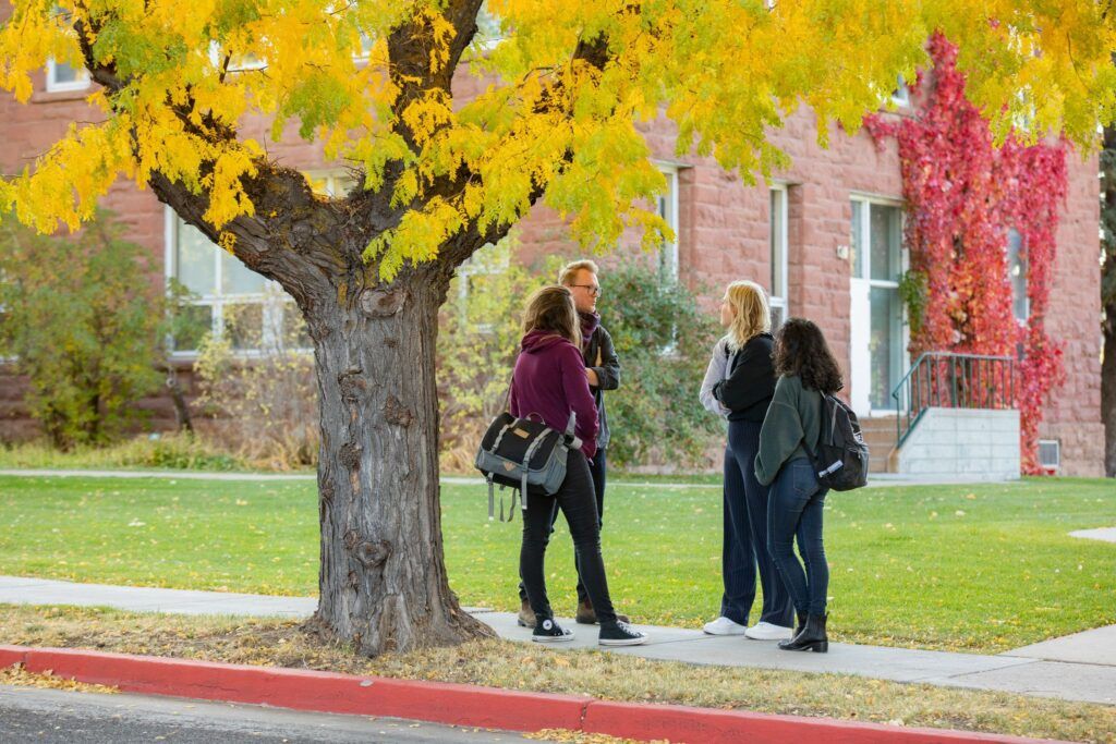 Students chat outside, surrounded by fall colors, at N A U's beautiful Flagstaff Campus.