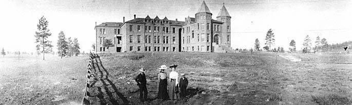 A black and white photograph of "Old Main", NAU's original campus, in 1900.