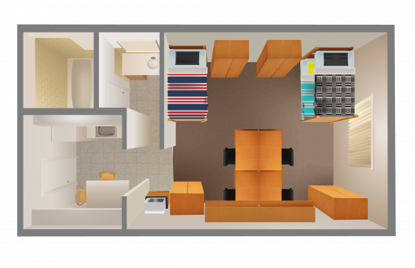 The Roseberry Hall room layout, featuring a kitchen, bathroom, working and living space.