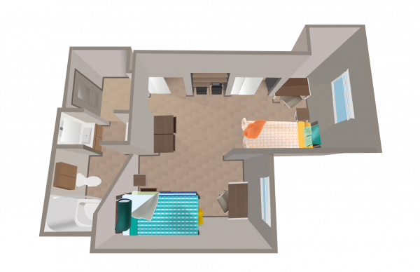 Rendering of a discounted triple suite in the Honors College including beds and bathroom. 