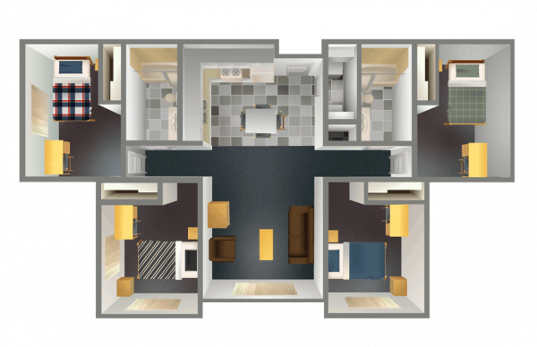 3D top view rendering of the floor plan for Pine Ridge Village apartments for 4 student in individual rooms with 2 bathrooms, kitchen and living area.