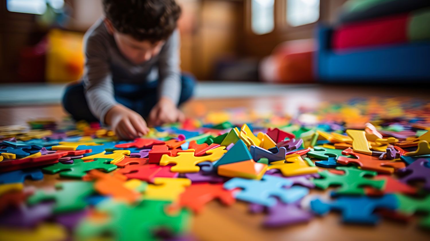 Child putting puzzle pieces together on a wooden floor