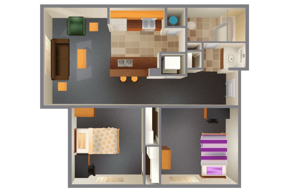 3D rendering of a 2 students, 2-bed, 1-bath apartment including a kitchen in McKay Village.
