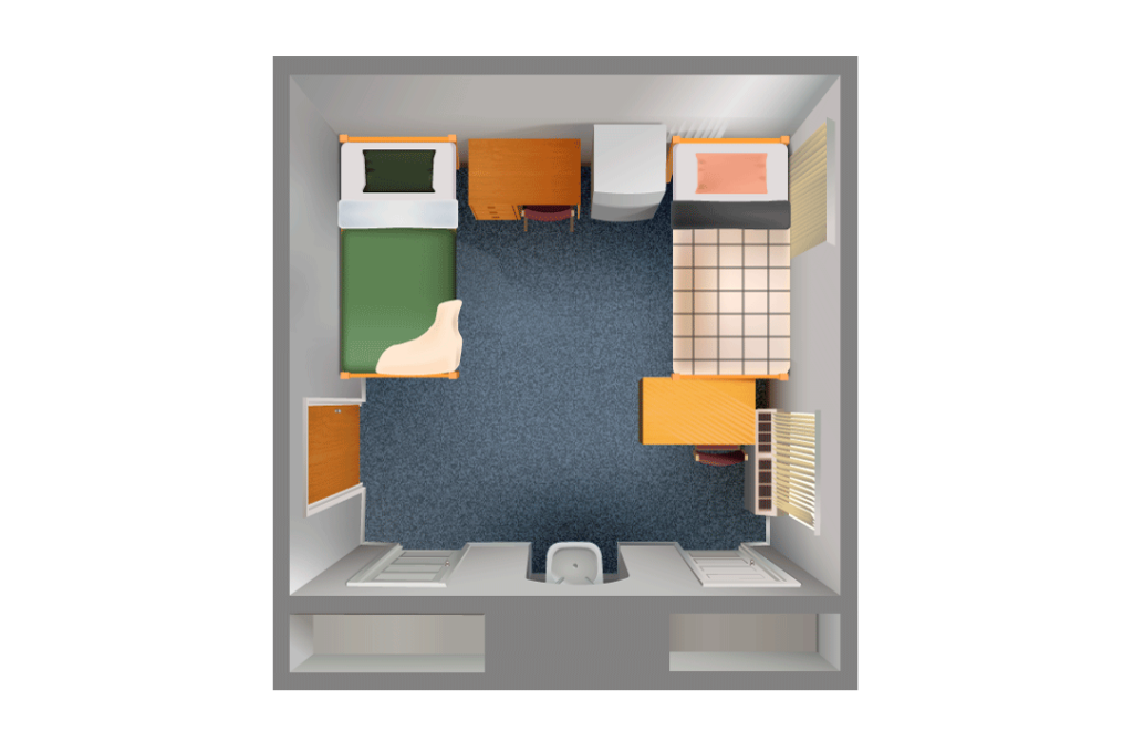 The Morton Hall room layout, featuring beds, shelving, desks, and a sink.